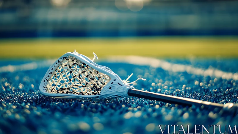 Lacrosse stick lying on textured blue synthetic turf field.
