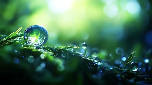 Dewdrop becomes a tiny crystal lens over glowing forest moss