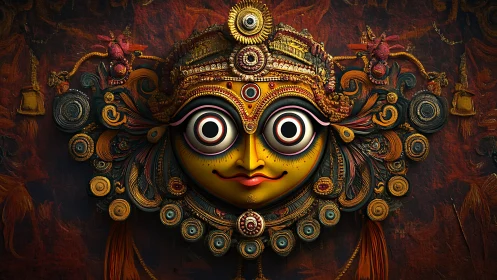 Radiant ceremonial mask beams with bold spiritual energy