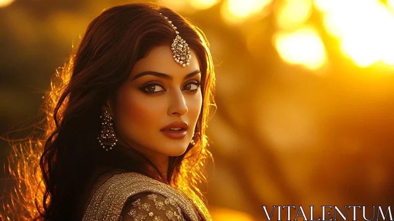 Elegant woman in traditional jewelry at golden sunset.