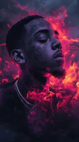 Embers kiss his calm profile while neon smoke crowns silence