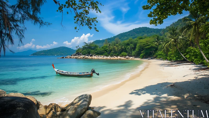 Tropical Beach Paradise with Longtail Boat and Crystal Waters