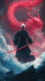 Samurai figure with red dragon in turbulent cloudscape.