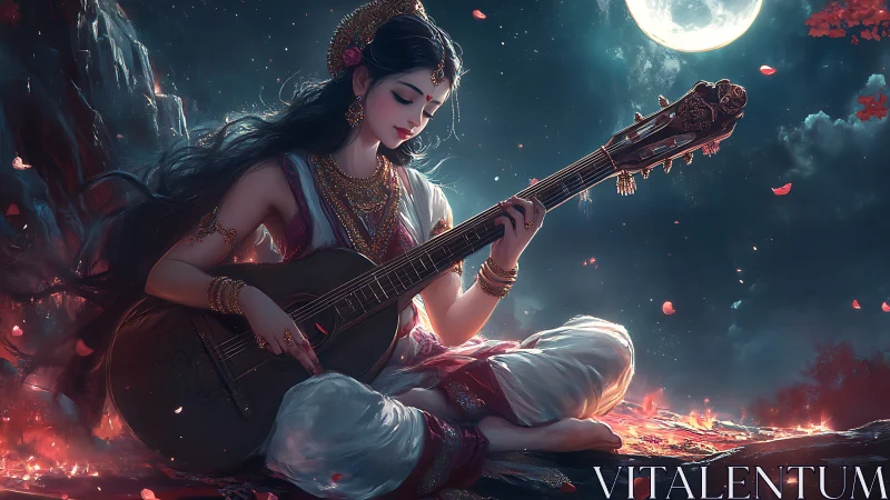 Moonlit goddess strumming a serene, soulful melody.