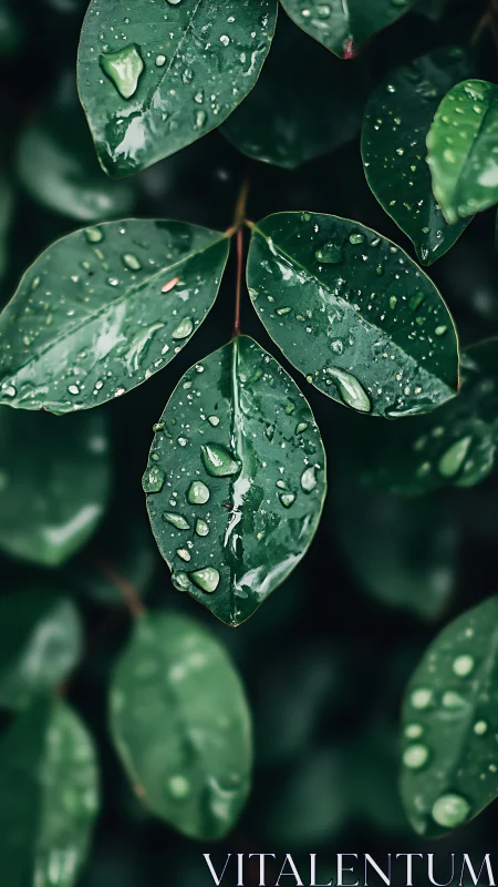 Close-up green leaves covered in fresh raindrops outdoors.