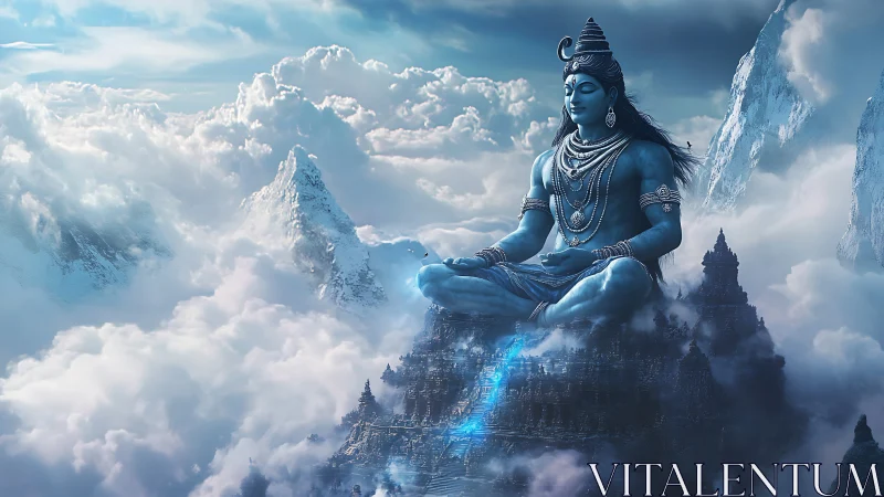 Divine blue figure meditates above misty Himalayan peaks.