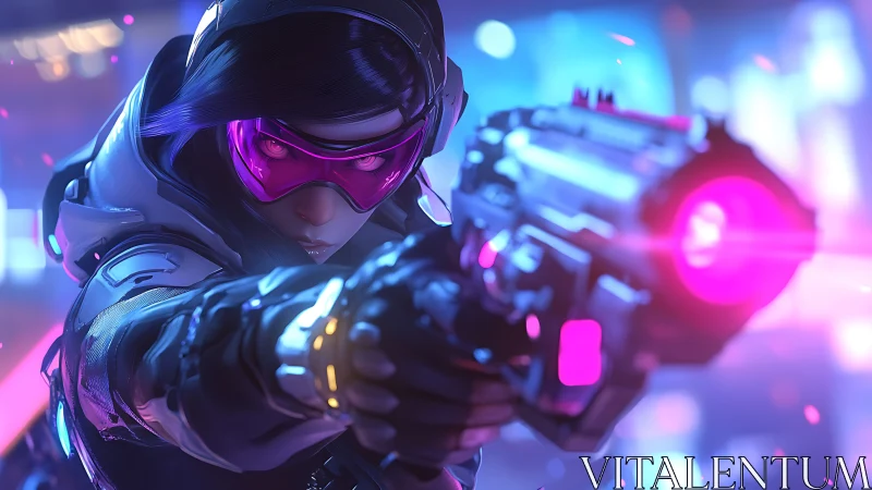 Cyber sniper locks onto target in neon battlefield showdown.