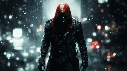 Hooded night avenger stalks rain-soaked cyber city streets.