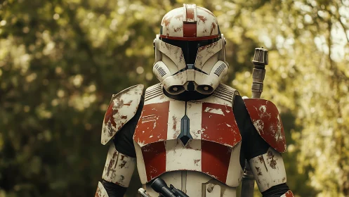 Battle-worn sci-fi trooper in red-white armor outdoors.