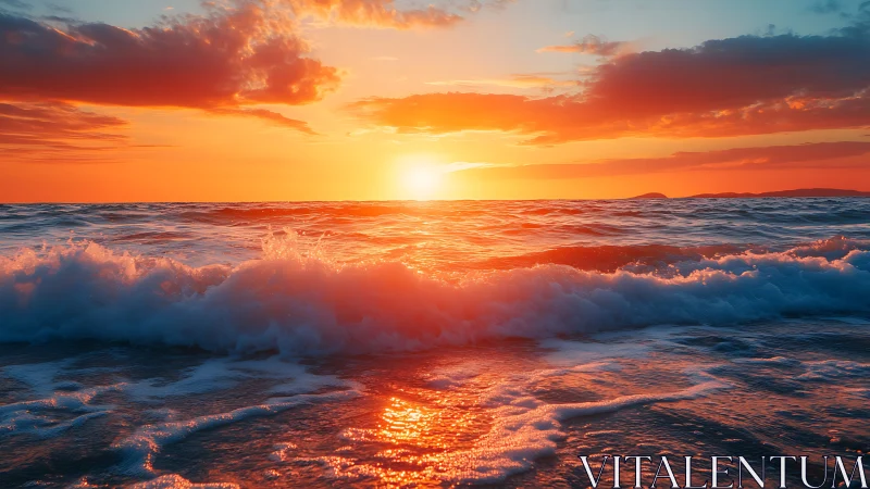 Sunset tide rolls in, painting the sea with liquid ember light