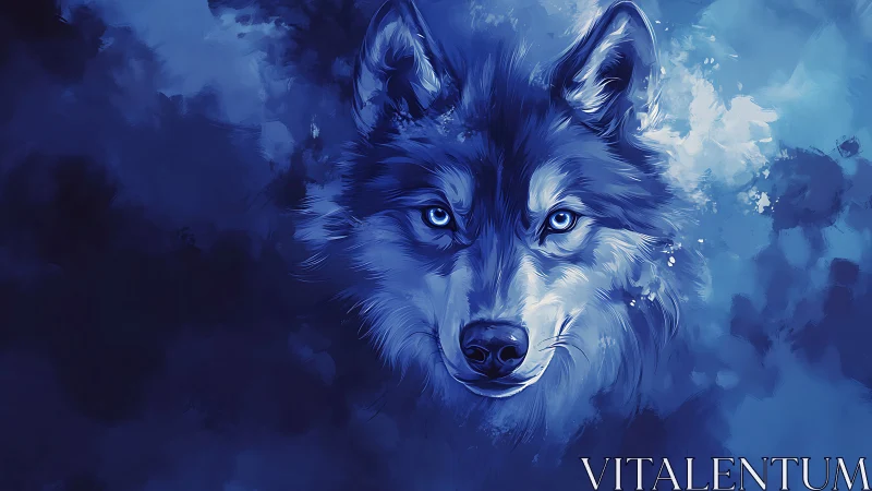 Moonlit cobalt wolf gazes through swirling night paintstorm.