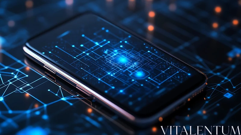 Advanced smartphone displaying luminous neural data circuit visualization