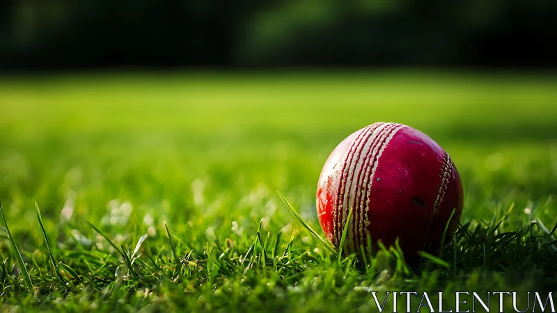 Shiny red cricket ball on grass with shallow depth of field