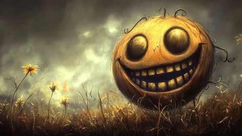 Grinning pumpkin sphere in hazy yellow wildflower field.