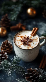 Winter-spiced latte glows amid frosted pine and candlelight.