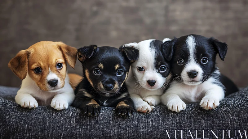 Four curious puppies rest together and share gentle gazes