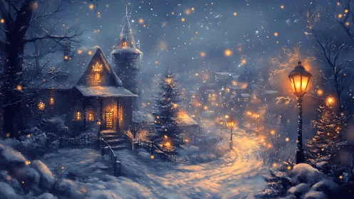 Snow-covered village street with illuminated houses at dusk.