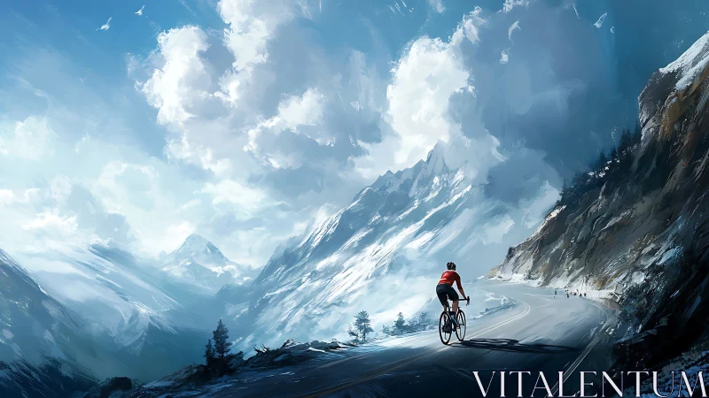 Alpine Descent: Cyclist Navigating Mountain Pass With Dramatic Cloud Formation