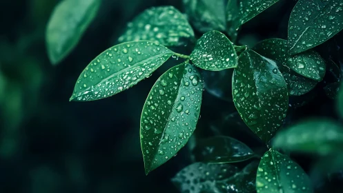 Macro study of rain-soaked foliage under cool ambient light