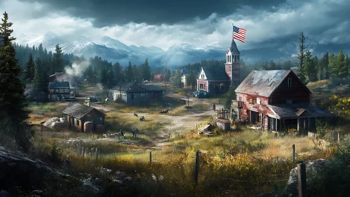 Storm-brewed mountain hamlet under a weary American flag.