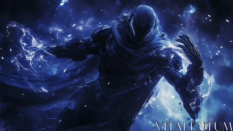 Mysterious cosmic warrior wrapped in swirling blue energy.