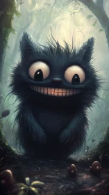 Furry wide-eyed creature standing in misty forest path.