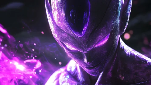 Violet voidborn sentinel smiling through cosmic embers.