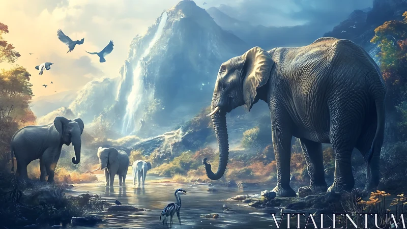 Elephants at misty waterfall river in luminous sunrise light.