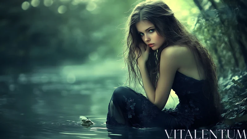Young woman seated by forest water under soft green light.