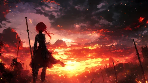 Backlit swordswoman surveying incendiary post-war skyline.