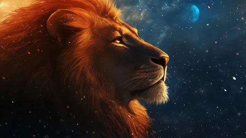 Stargazing lion bathed in golden light and quiet wonder.