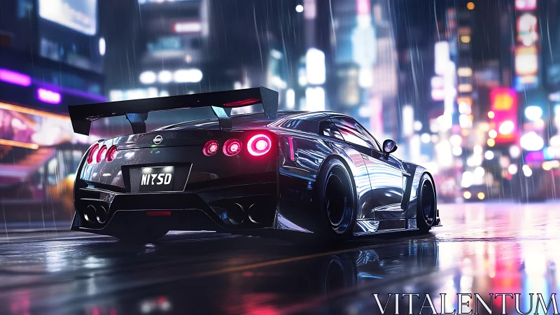 Widebody GT-R in neon-lit rainy street, rear three-quarter view