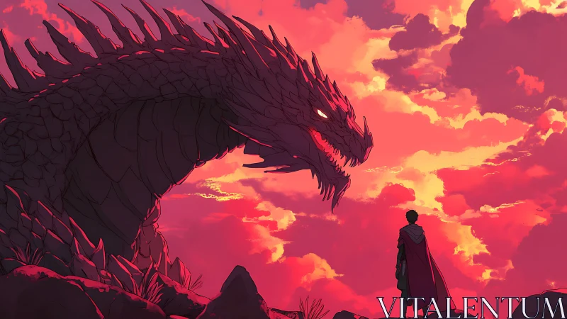 Warrior confronting dragon under vivid red sunset sky.