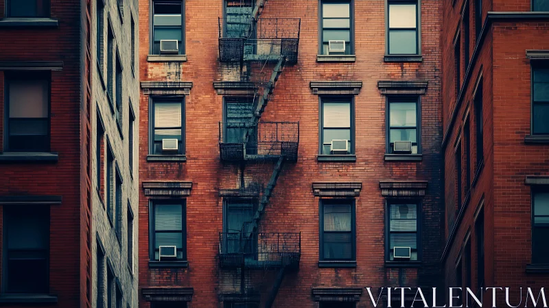 Urban brick façade with central fire escape in moody light.