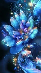 Digital blue fractal flower glows against dark abstract space