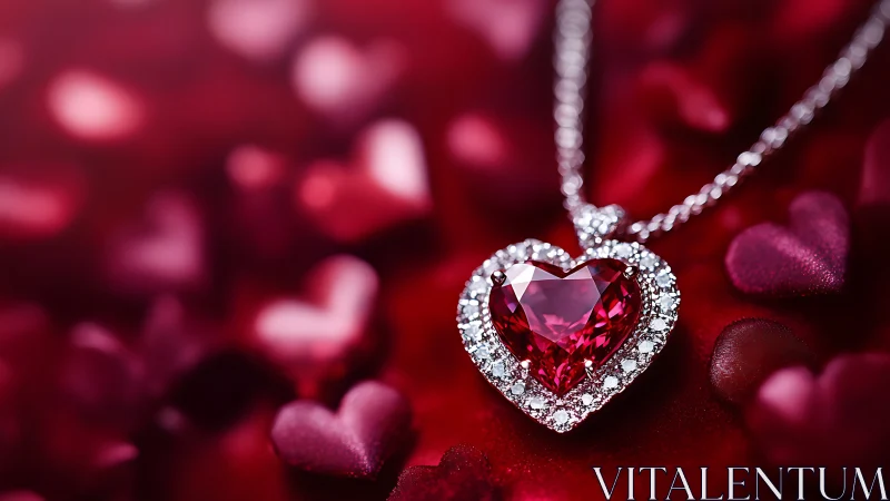Heart-cut ruby pendant with diamond halo on velvet hearts