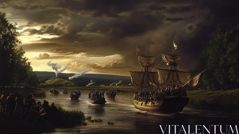 Dramatic river crossing unfolds under brooding evening skies