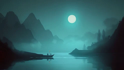 Moonlit boat on misty mountain lake at night scene.