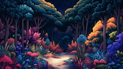 Bioluminescent Forest Pathway at Night.