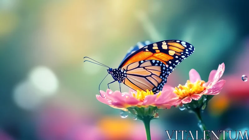 Monarch daydream poised on candy-pink petals in bokeh haze.