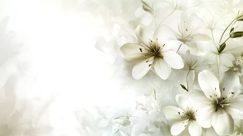 Delicate white lilies with bronze stamens in soft botanical composition.