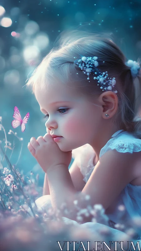 Young child rendered in soft focus with ethereal particle effects and atmospheric bokeh