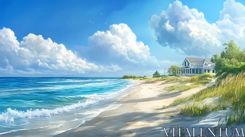 Sunlit beach cottage welcomes gentle waves and bright skies