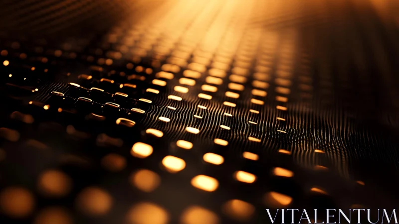 Abstract golden circuit board closeup with glowing lights.