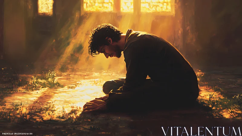 Man kneels on sunlit floor under warm window light rays