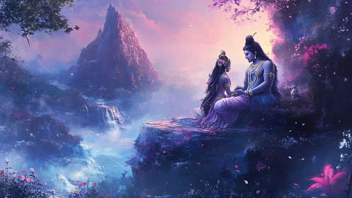 Divine couple share a serene moment above misty waterfalls.