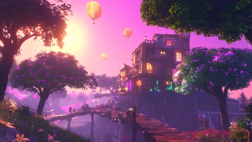 Sunlit skybridge village under floating lantern balloons.