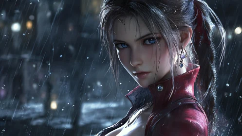 Stormlit gaze of a determined heroine in the rain-soaked city.