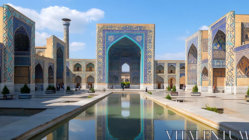 Islamic courtyard with tiled iwans and central reflection pool.