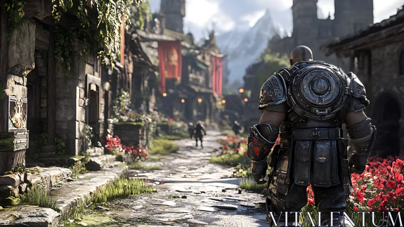 Heavily armored figure walks through detailed medieval street